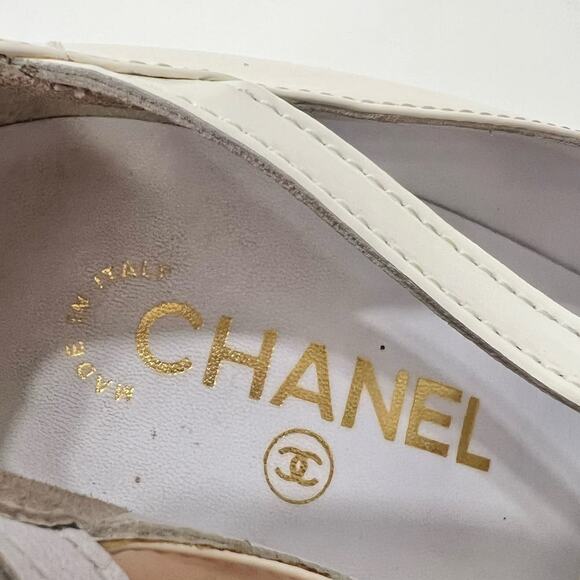 Chanel Buckle Mary Jane Wedge Pumps White Patent Leather Pumps | 39/US 8-8.5 - Picture 13 of 13